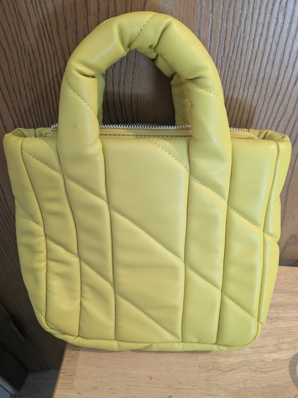 Zara Quilted Midi Tote Hand Bag/Crossbody Zip Faux Leather-Lime Green/Yellow - Picture 3 of 8